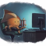 PeerTube Illustration Das PeerTube Maskotchen sitzt vor einem Bildschirm umd "futtert" Popcorn CC BY https://www.davidrevoy.com/article774/peertube-illustration